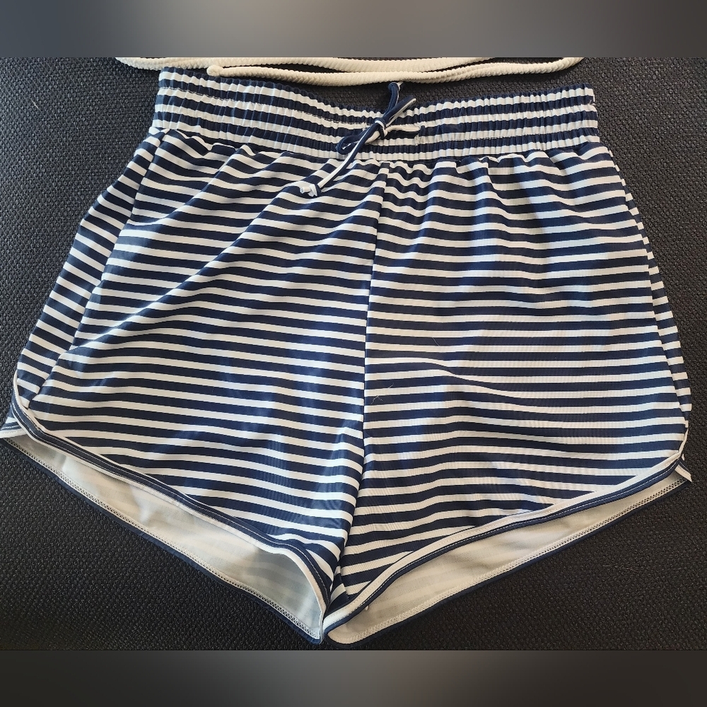 Like new White Bikini top & Navy and White Stripe Swim Shorts. Women's Small. - Picture 3 of 8